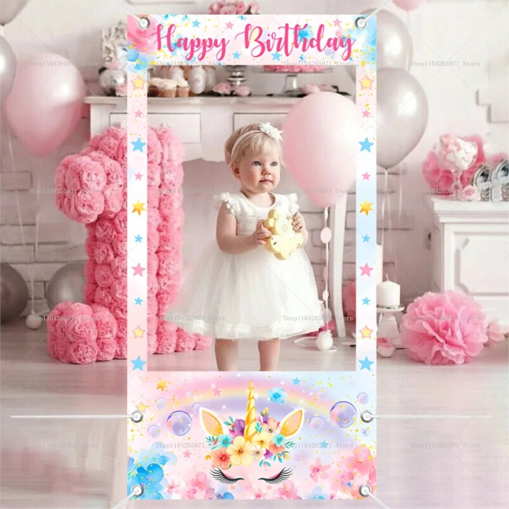 Unicorn Theme Photo Booth Frame Props Girl Newborn 1st Birthday Party Decoration Photoshoot Background Props Baby Party Banner