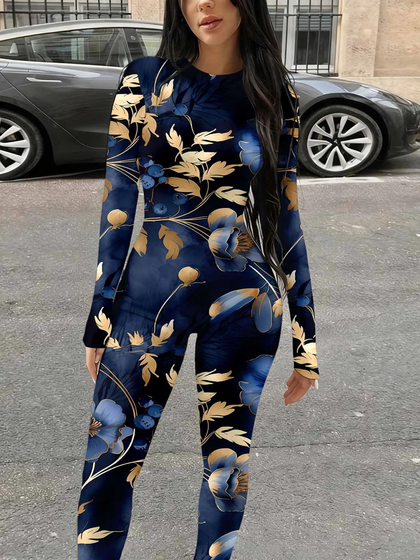Elastic slim fit jumpsuit long sleeved commuting casual wear, women's one-piece pants that can be worn outside