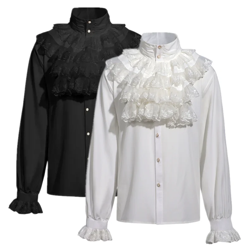 

Men's White Medieval Ruffled Shirt, Black British Vintage-Style Top, European Sizes with Stand Collar for Versatile Styling