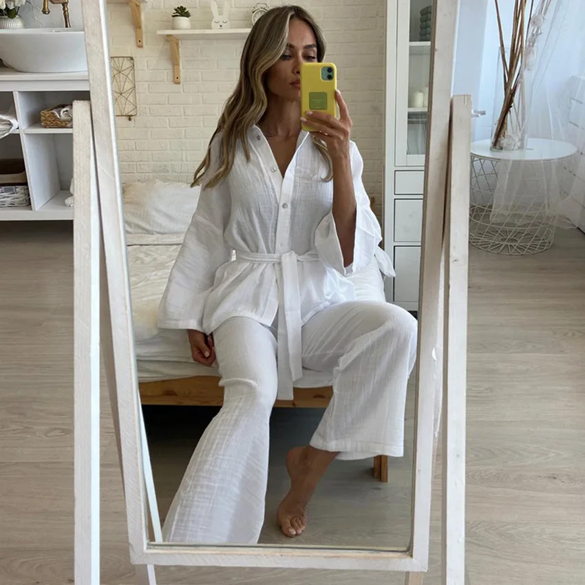 Women\'s Pajamas Solid Cotton Long Sleeve Sleepwear 2023 Casual Turn-Down Collar Nightwear 2 Piece Set Elastic Waist Trousers