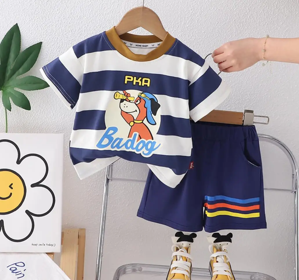 

Baby Boys Summer Clothing 2024 Fashion Handsome Striped O-neck Short Sleeve T-shirts and Shorts Toddler Outfits Kids Bebe Sets