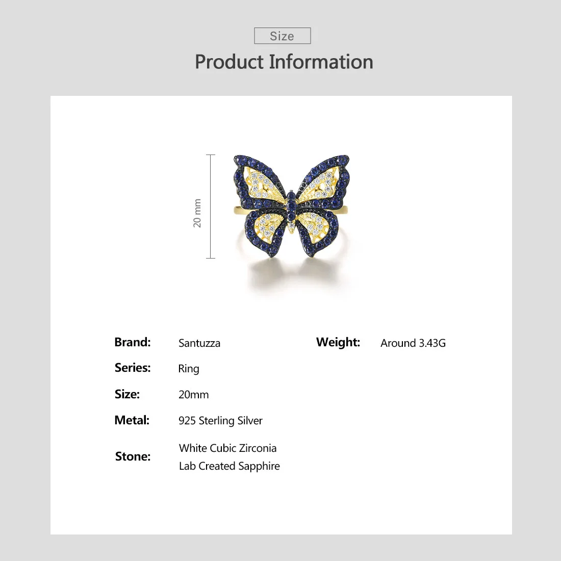 SANTUZZA Pure 925 Sterling Silver Ring For Women Sparkling White CZ Created Sapphire Lovely Butterfly Stylish Fine Jewelry