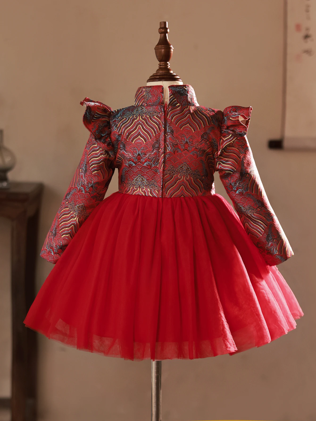 High-end  Jacquard Autumn and Winter Girls' New Year Dress Children's Red New Year costume