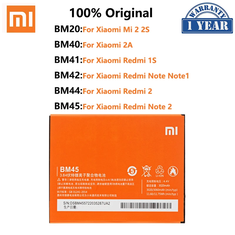 

100% оригинальный сменный аккумулятор для телефона Xiaomi Redmi BM20 BM40 BM41 BM42 BM44 BM45 мобильный телефон Bateria