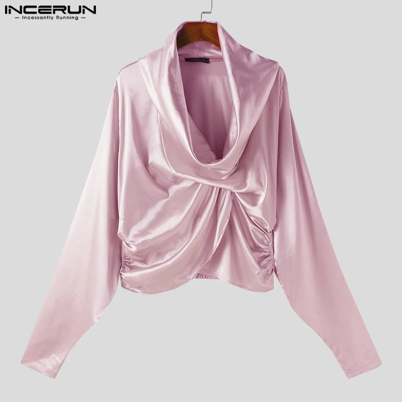 INCERUN Men Shirt Solid Color V Neck Long Sleeve Pleated Satin Casual Male Irregular Shirts Streetwear 2024 Fashion Crop Tops