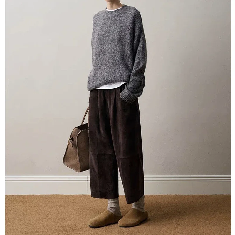 

Retro Wide Leg pants women Suede Sheepskin 2024 Leather Ankle-Length Pants Women Elastic Waist Straight Cylinder Trousers