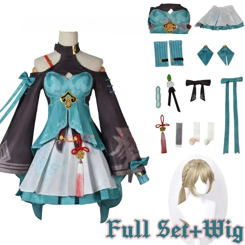 

Game Honkai Star Rail Qingque Cosplay Costume Full Set with Accessories Qing Que Heat Resistant Synthetic Cosplay Costume Wig