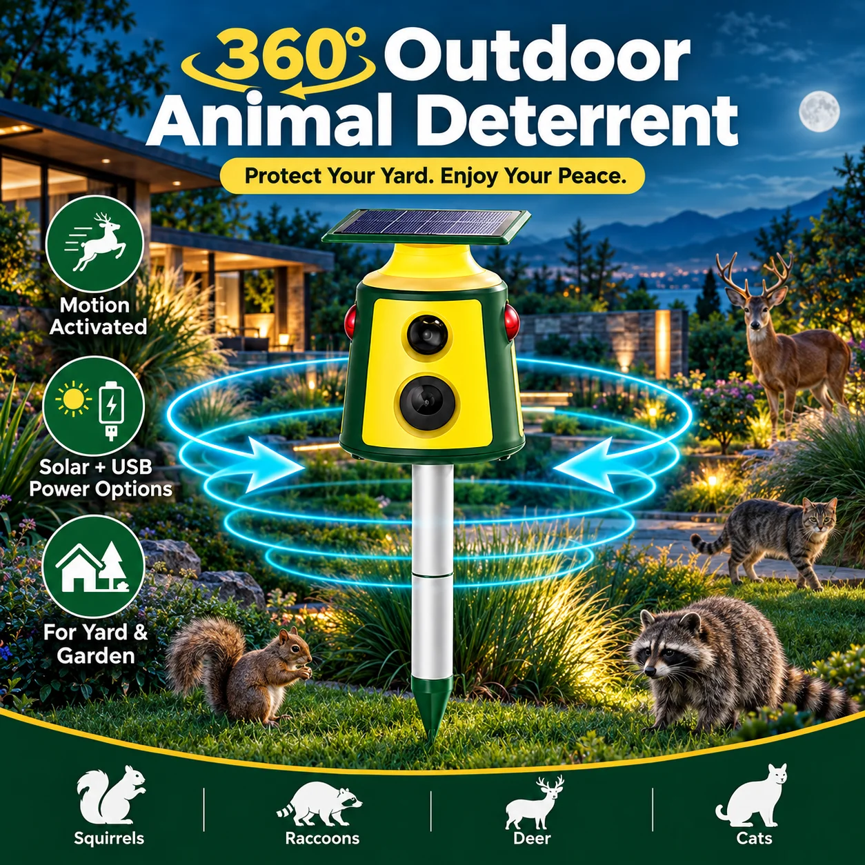 Solar Powered Animal Repellent 360 Degree Infrared Motion Sensor High Power LED Flash for Rodents Birds Outdoor Garden Yard Farm
