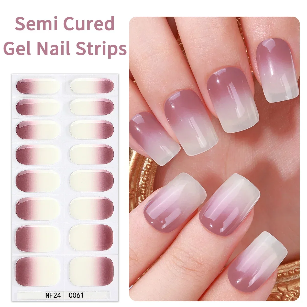 16Tips Semi-Cured Gel Nail Sticker Adhesive Waterproof Long Lasting Full Cover Gradient Cat Eye DIY Manicure  UV Lamp Need