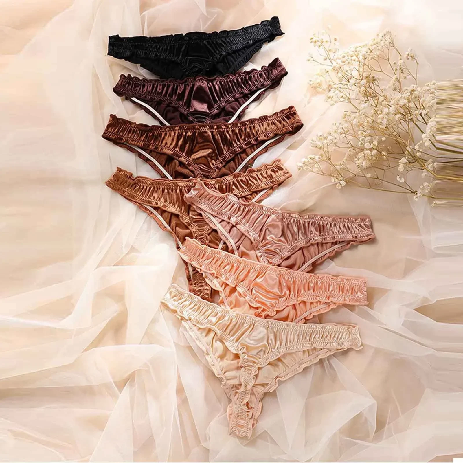 

new French Luxury Sexy Satin Female Briefs Ruffle Low Waist Soft Silk Cotton Crotch Seamless Thongs Women Fancy Thong Panties