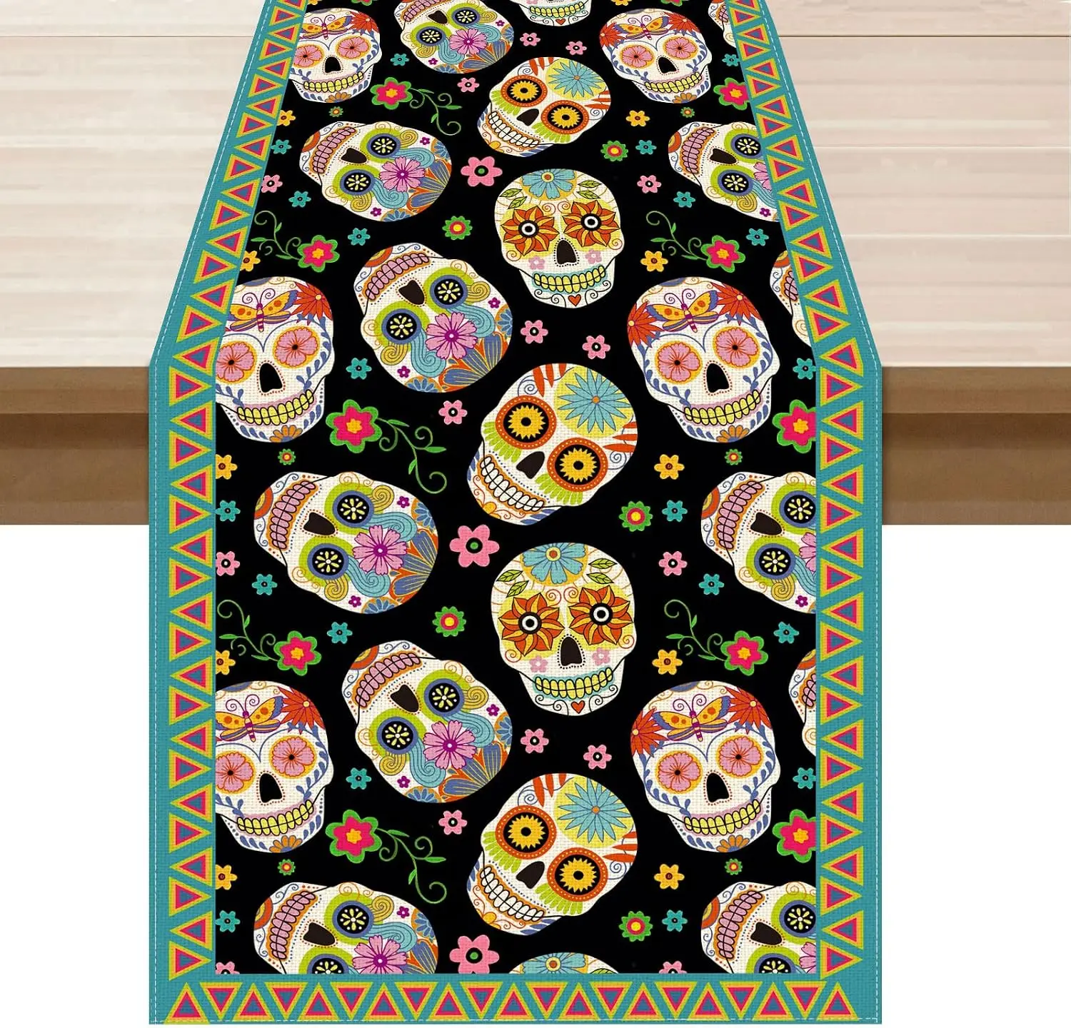 Mexican Day of The Dead Sugar Skull Linen Table Runner Party Decor Reusable Kitchen Dining Table Runner Day of The Dead Decor