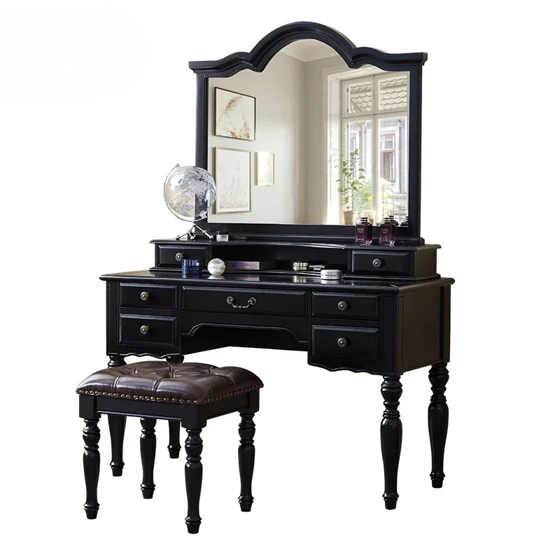 For Villa Black Wood Vanity Table Bedroom American Big Storage Mirror Dressing Table Makeup Desk Drawers Coiffeuse Furniture