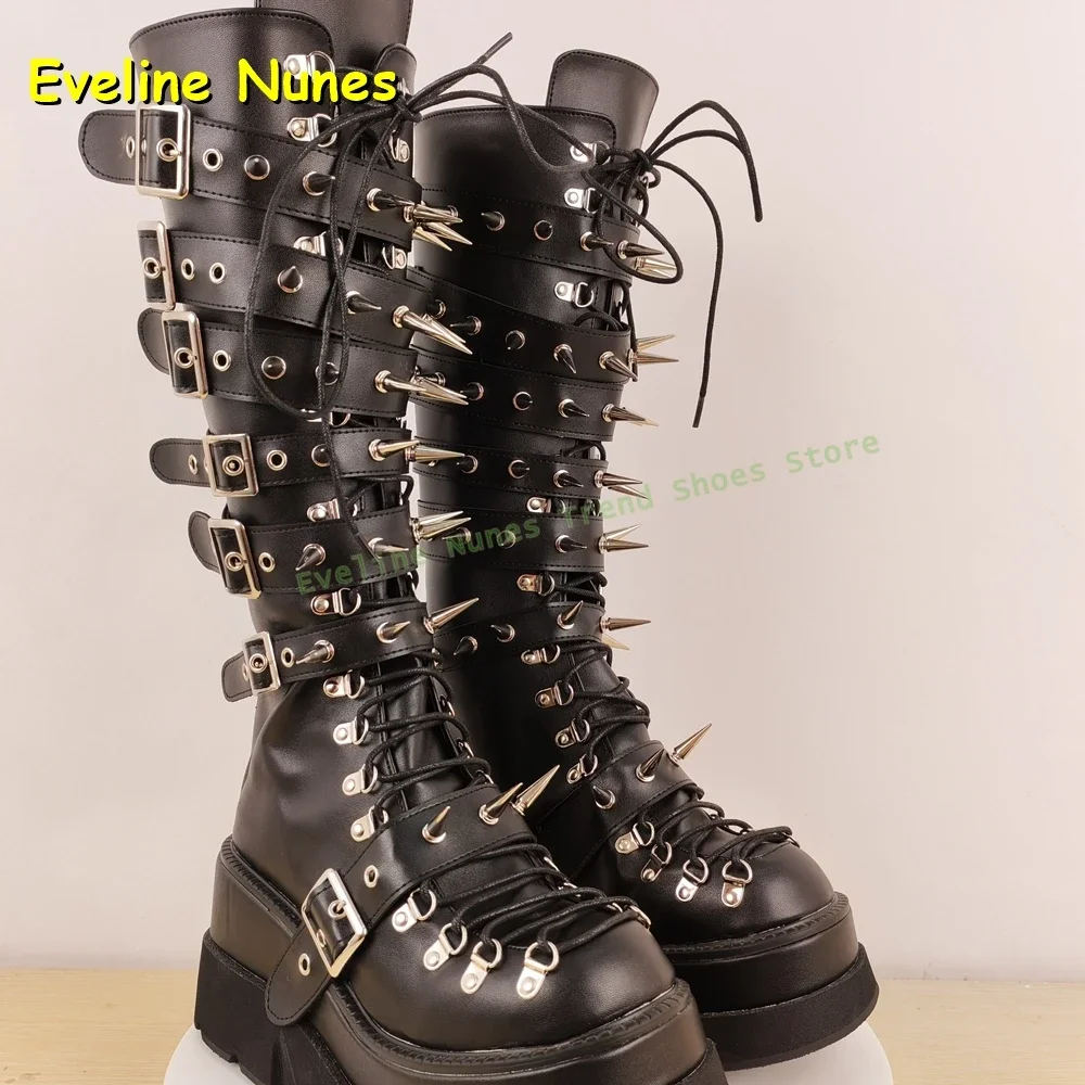 

2025 Punk Y2K Motorcycle Boots Newest Metal Rivet Spike Belt Buckle Boots Round Toe Tank Sole Cross Tied Women Knee High Boots