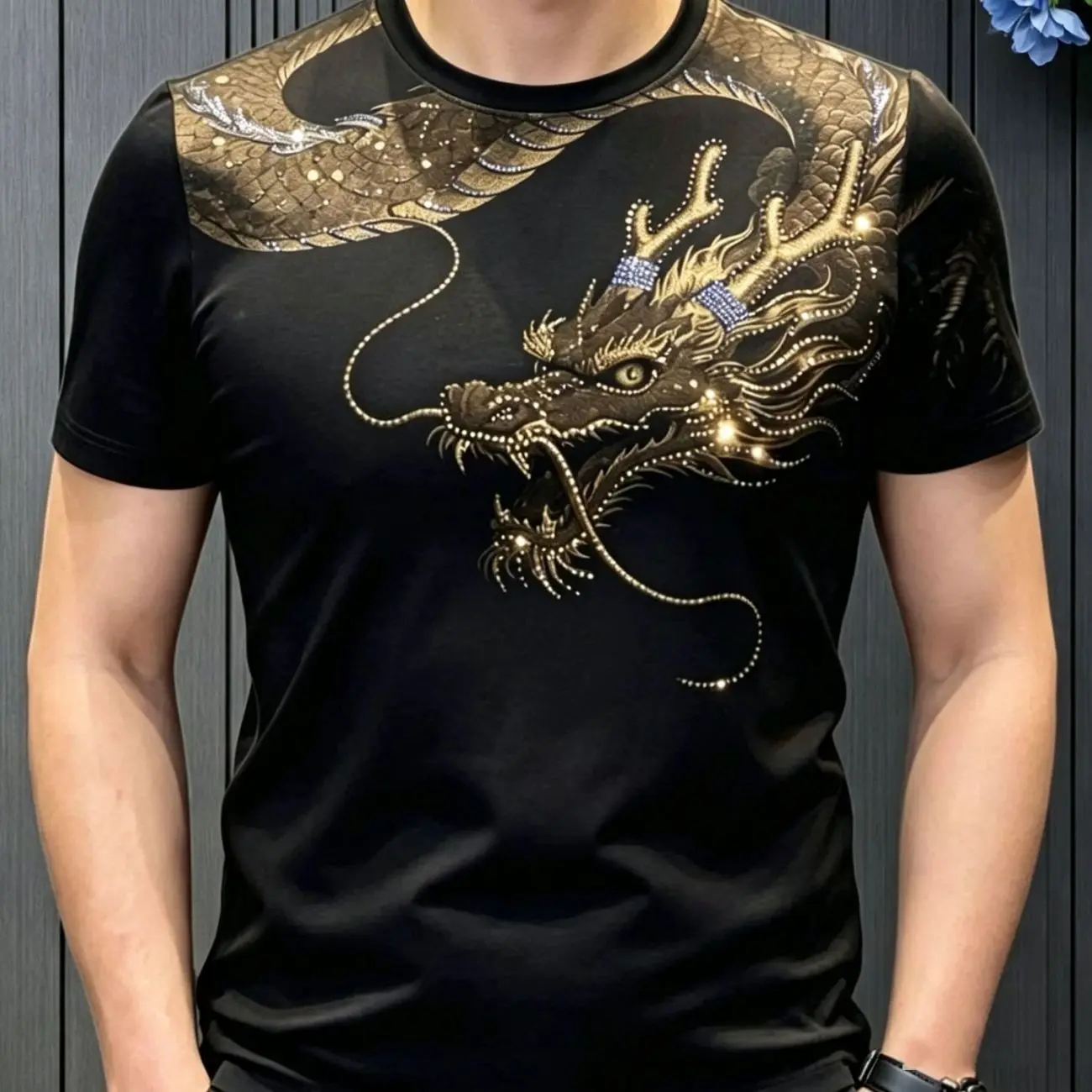 Men Short-sleeved T-shirt Black Men Clothing Dragon Tops Tees Flocking Hot Stamping Design Slim Fit Casual Chic Summer New Solid