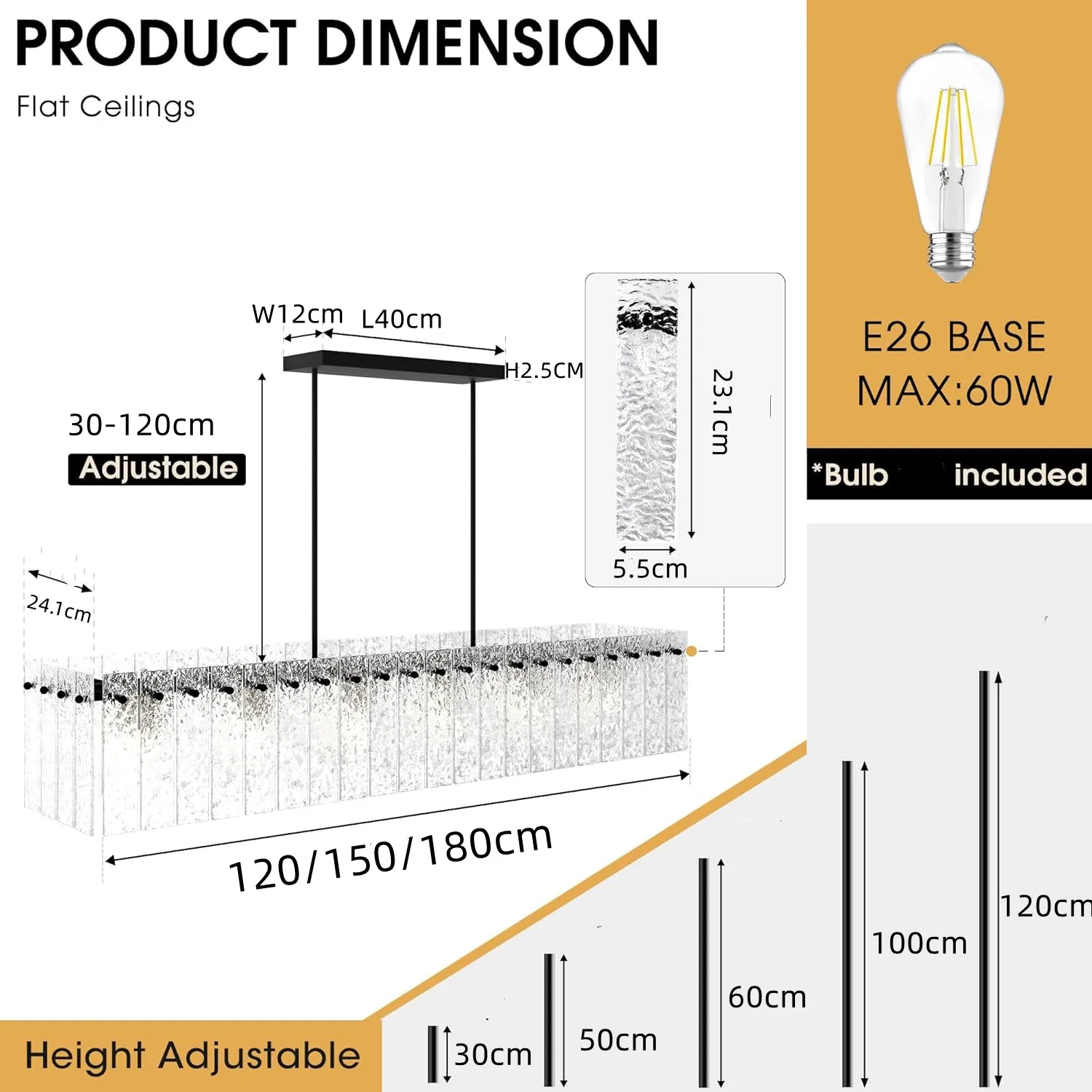 ثريا كريستالية طويلة من الزجاج لغرفة الطعام وطاولة المطبخ وأضواء السقف الخطي المستطيلة مع زجاج تموج الماء
