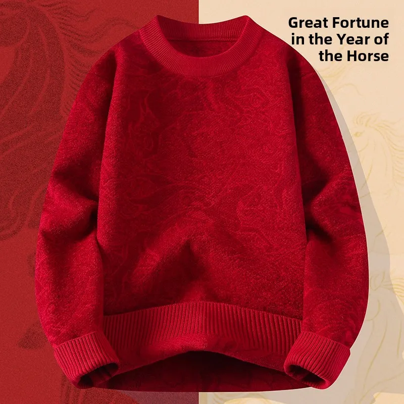 

Красный утепленный свободный вязаный свитер для мужчин: повседневная зимняя модная одежда в национальном стиле для празднования Нового года