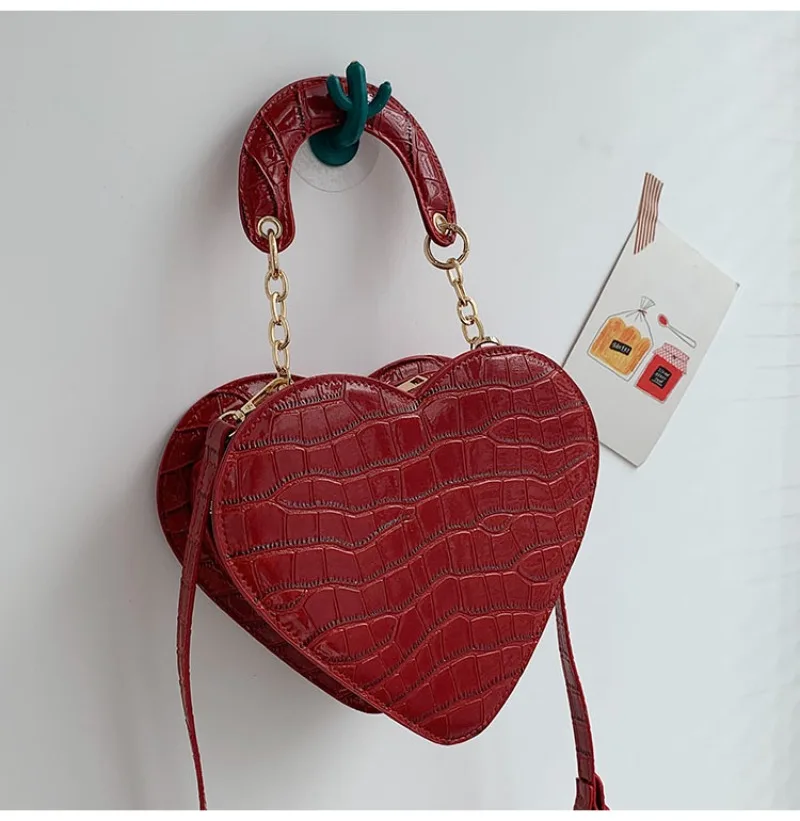 Portable Heart Shaped Women Bags 2024 New Fashion Chain Stone Pattern Crossbody Shoulder Bag Casual All-match Handbags Purses
