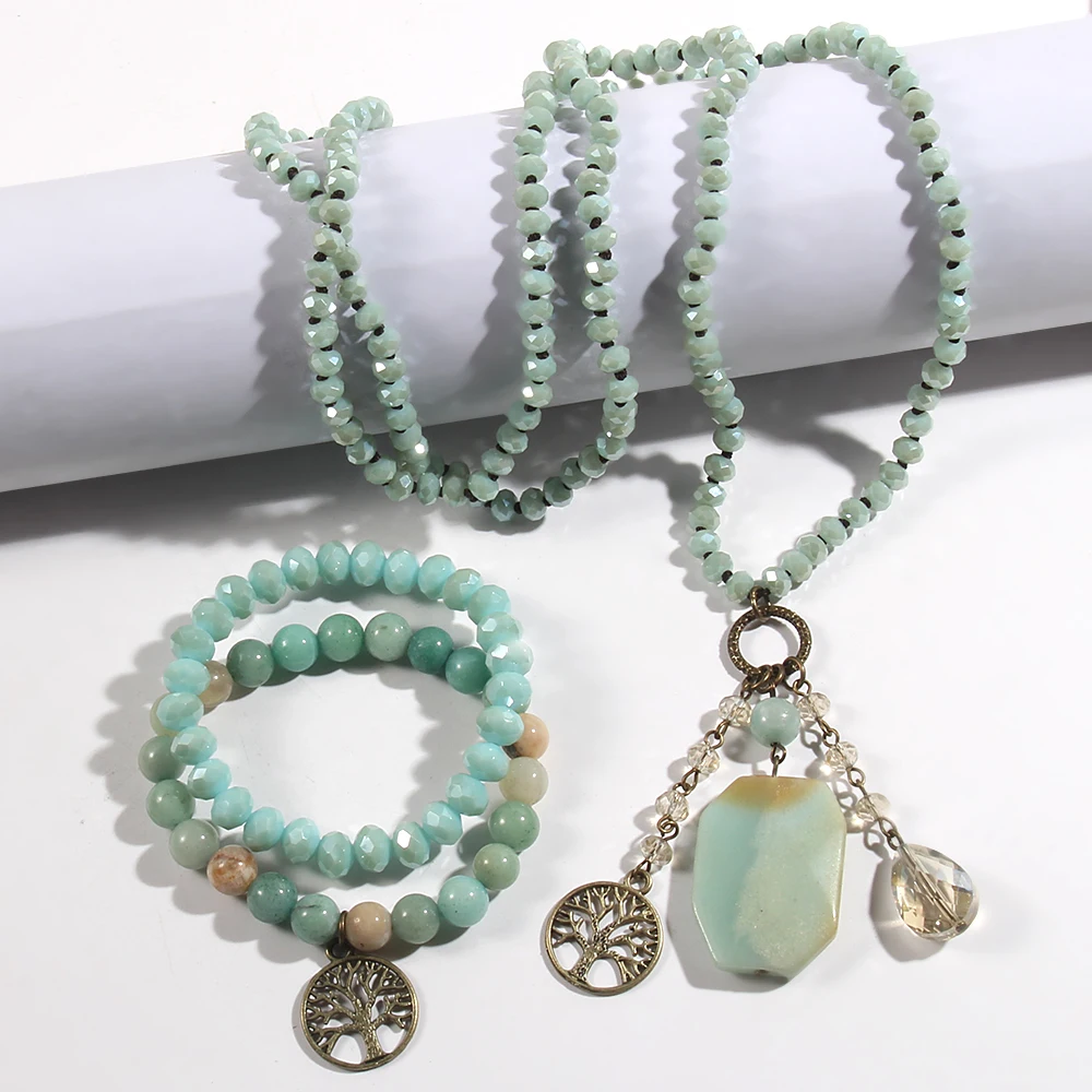 New Boho Women's Jewelry Set 2-Layer Crystal Glass Necklace Life Tree & Square Stone Pendant Necklace 2pcs Stone Glass Bracelet