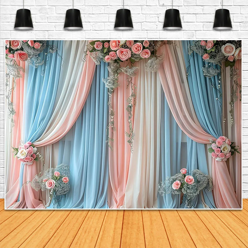 Mocsicka Backdrops for Photography Blue and Pink Curtains Flower Wedding Photo Backgrounds Newborn Photoshoot Props Photo Studio