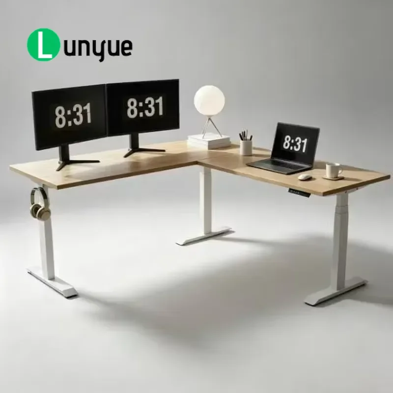 Luxury Modern L-Shaped Height Adjustable Desk Solid Wood Desktop Electric Standing Computer Table for Home Office Bedroom