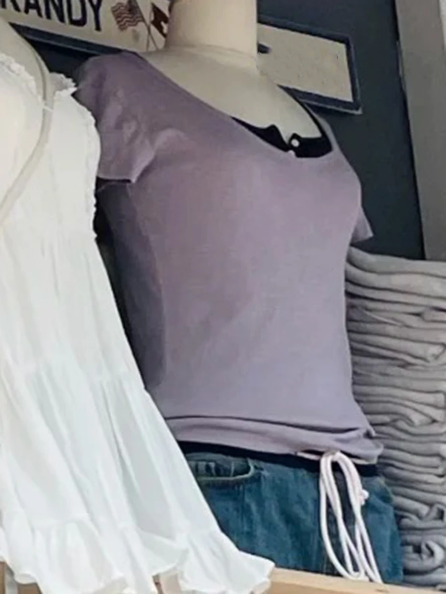 الأرجواني الخامس الرقبة القطن سليم تي شيرت المرأة الصيف الشارع الشهير الأساسية قصيرة الأكمام تيز الحلو لطيف نمط Preppy بلايز جديد بلايز