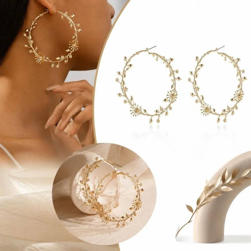 1 Pair Durable Metal Rose Flower Hoop Earring Openwork Gold Plated Stud Hoop Earring Bohemian Earring Women's Fashion Accessory