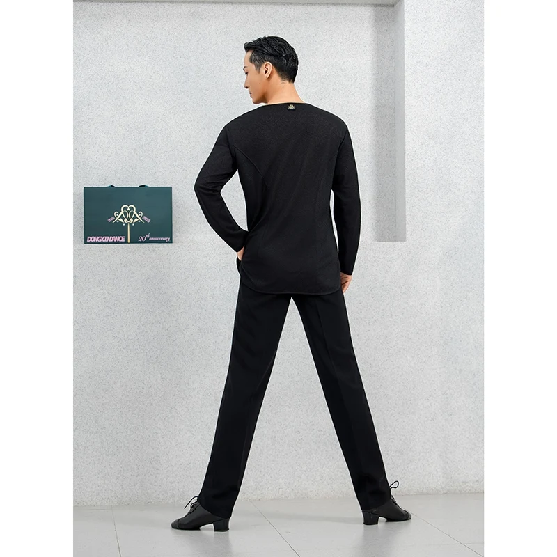 Costumes de danse modernes pour hommes, haut de danse latine noir à manches longues, vêtements de danse latine Samba Chacha pour adultes, costume d'entraînement DQL11831