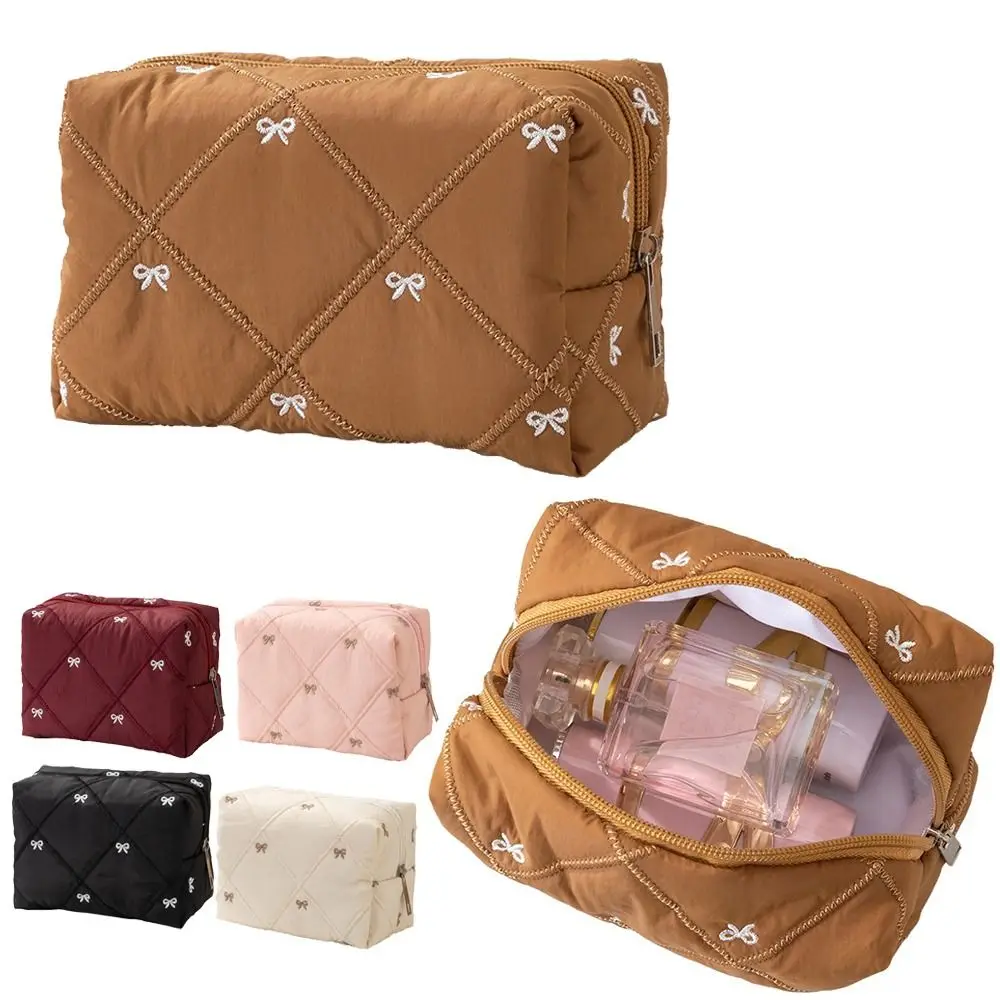 Multifunctional Bow Quilted Makeup Bag Quilted Design Large Capacity Women Wash Pack Bow Decoration Space Saving Coin Purse
