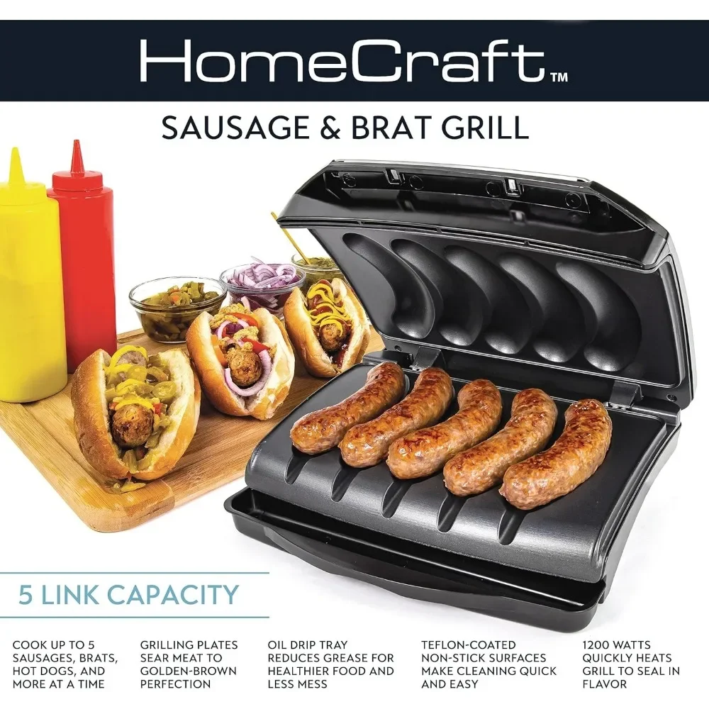 شواية السجق والخبز الكهربائية مع صينية تنقيط الزيت ومقبض الحمل وتخزين الحبل، ما يصل إلى 5 وصلات من لحم البقر والديك الرومي والدجاج