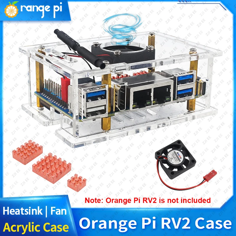 Orange Pi RV2 Acrylic Case Transparent Shell Cooling Fan Copper Heatsinks Optional Protective Box for Orange Pi RV2 Single Board