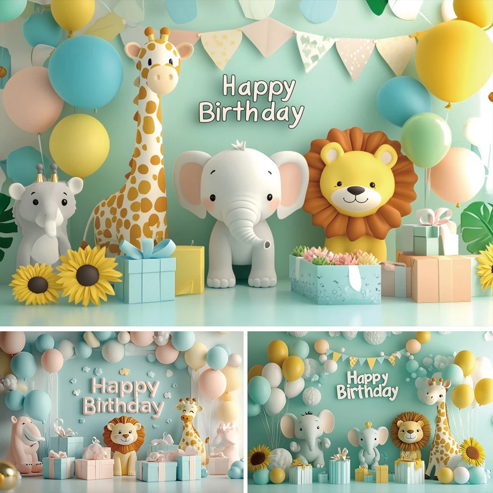 ฉากหลังสัตว์ป่าซาฟารี การ์ตูน ลูกโป่ง เด็กชาย เด็กหญิง งานวันเกิดครบรอบ 1 ปี งานเลี้ยงฉลองทารกแรกเกิด ของตกแต่งงานเลี้ยง ฉากถ่ายภาพ