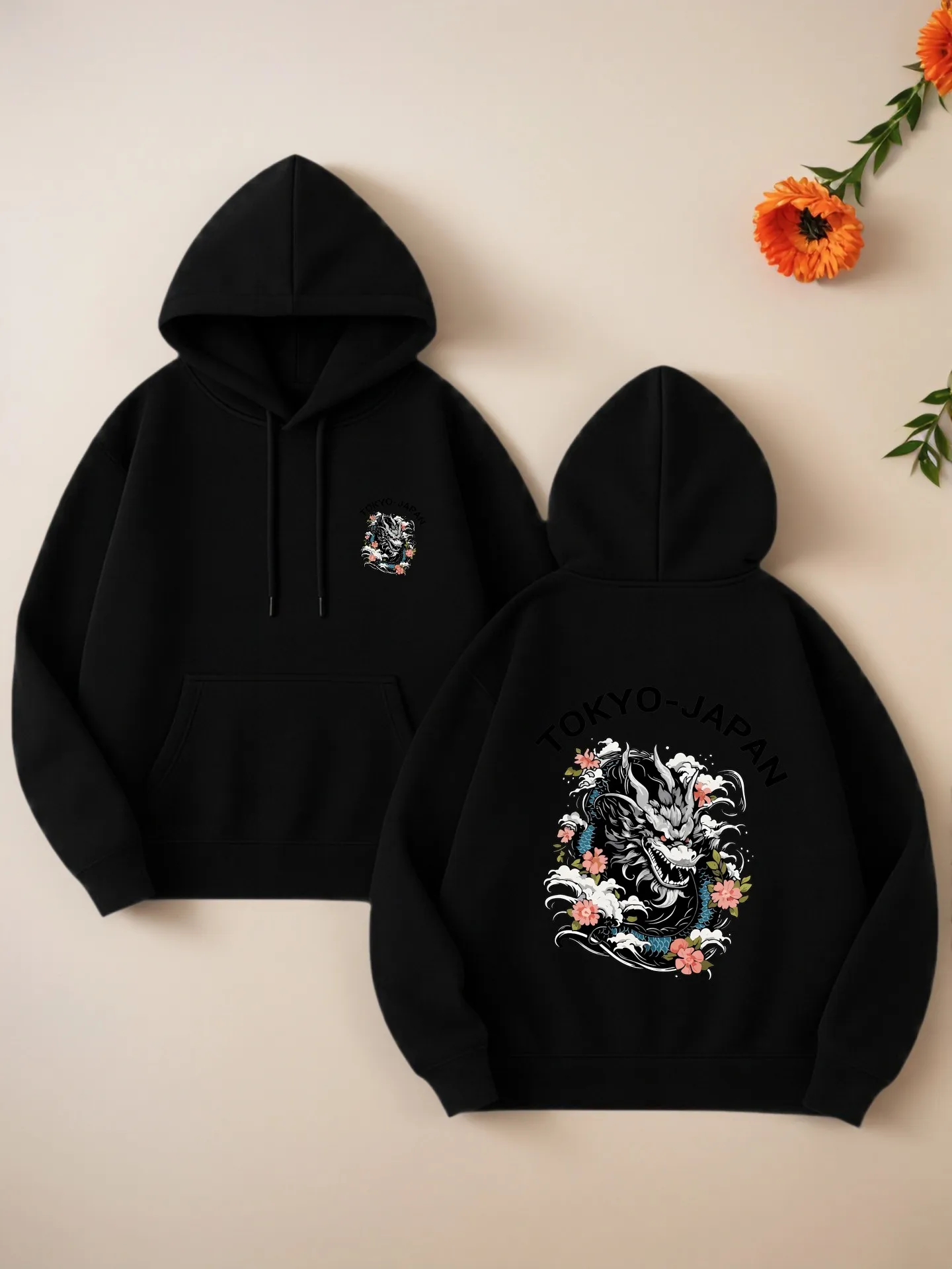 

Graphic Hoodie Women, Tokyo - Japan Floral Dragon Print, Streetwear Aesthetic, Comfortable Fabric, Casual Everyday Wear