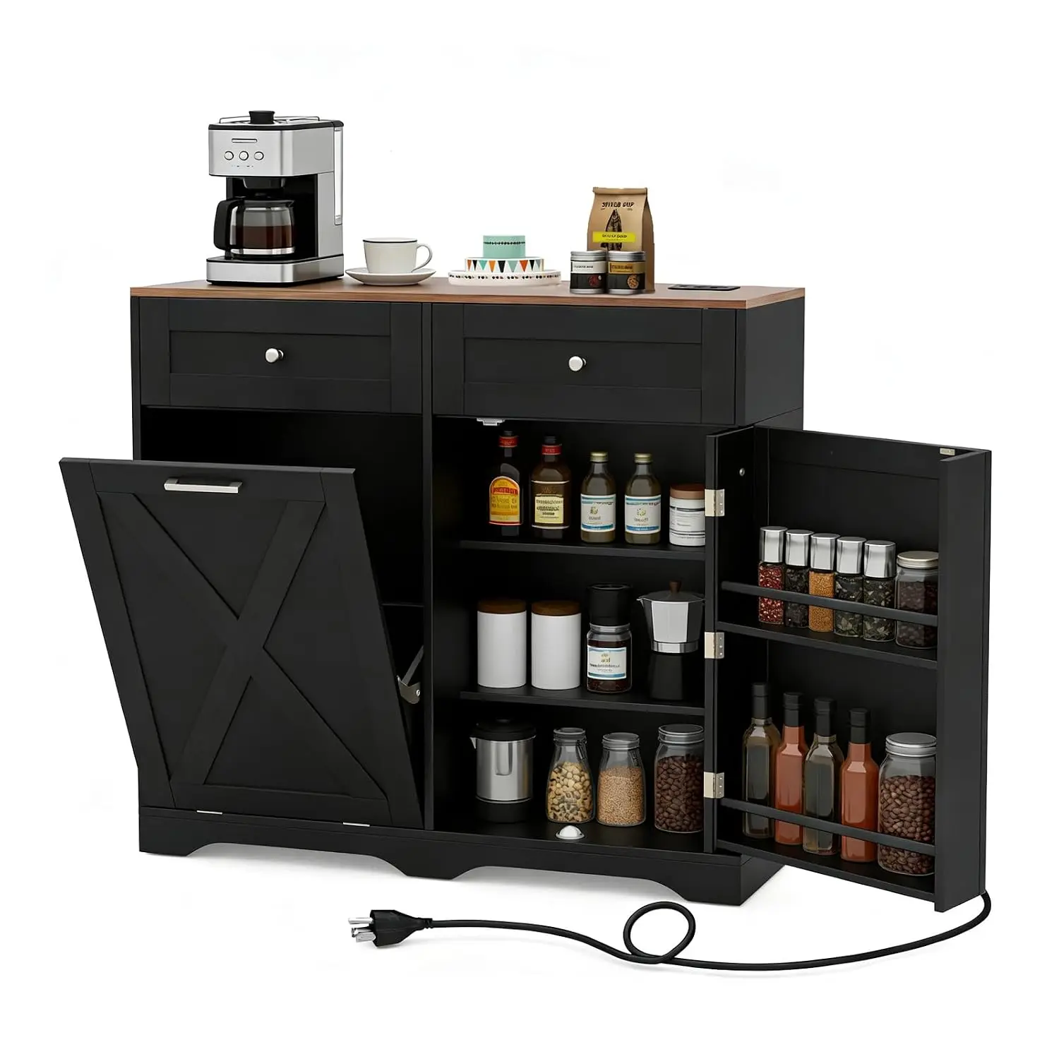 Kitchen Cabinet with Charging Station & Drawers & Shelves, Bar Table with 9.25G Hamper, Hidden Garbage Cabinet, Customized