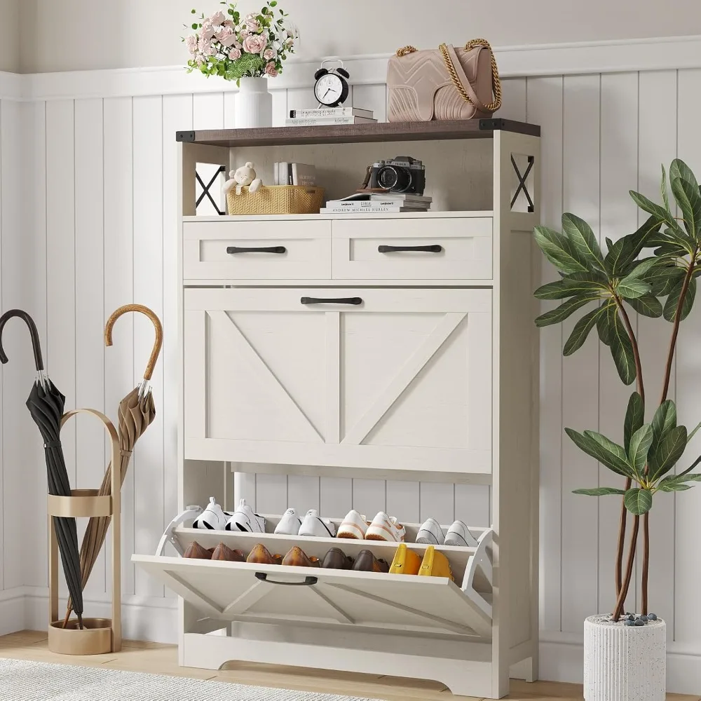 shoe cabinet with 2 flip drawers & 2 drawers, slim narrow farmhouse shoe storage cabinet for entryway, freestanding shoe organi