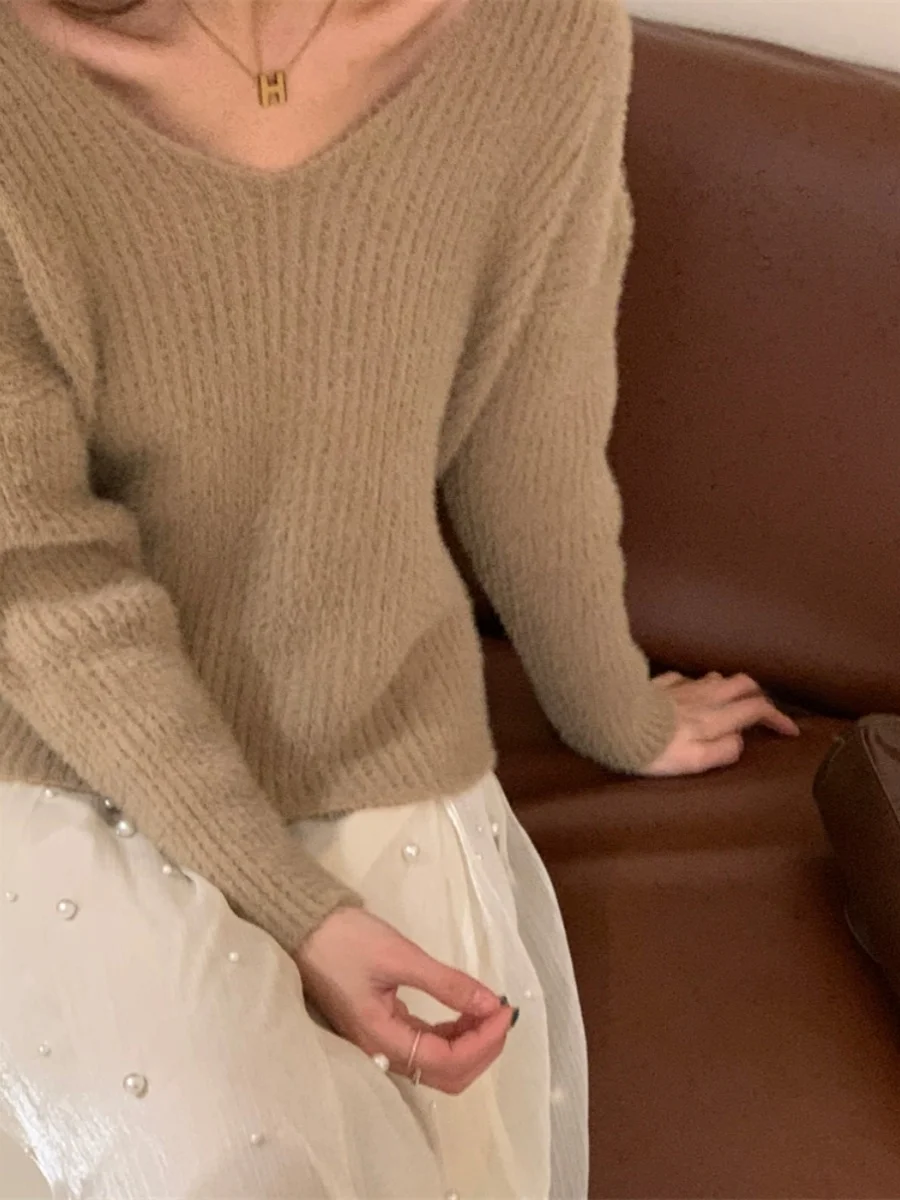 Ultraweicher V-Ne-Strickpullover aus Nerzsamt mit langem Haar, warm, gemütlich, für den Winter, für Damen, Faion, Freizeitkleidung, normale Passform, lang, Sve