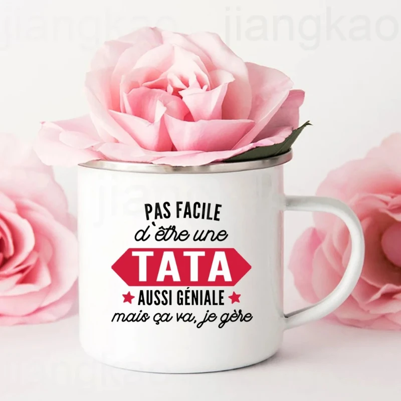 Super Tata Rainbow French Printed Enamel Cup Coffee Mug Drinks Milk Cups Camping Mugs Best Birthday Holiday Gift for Auntie Aunt