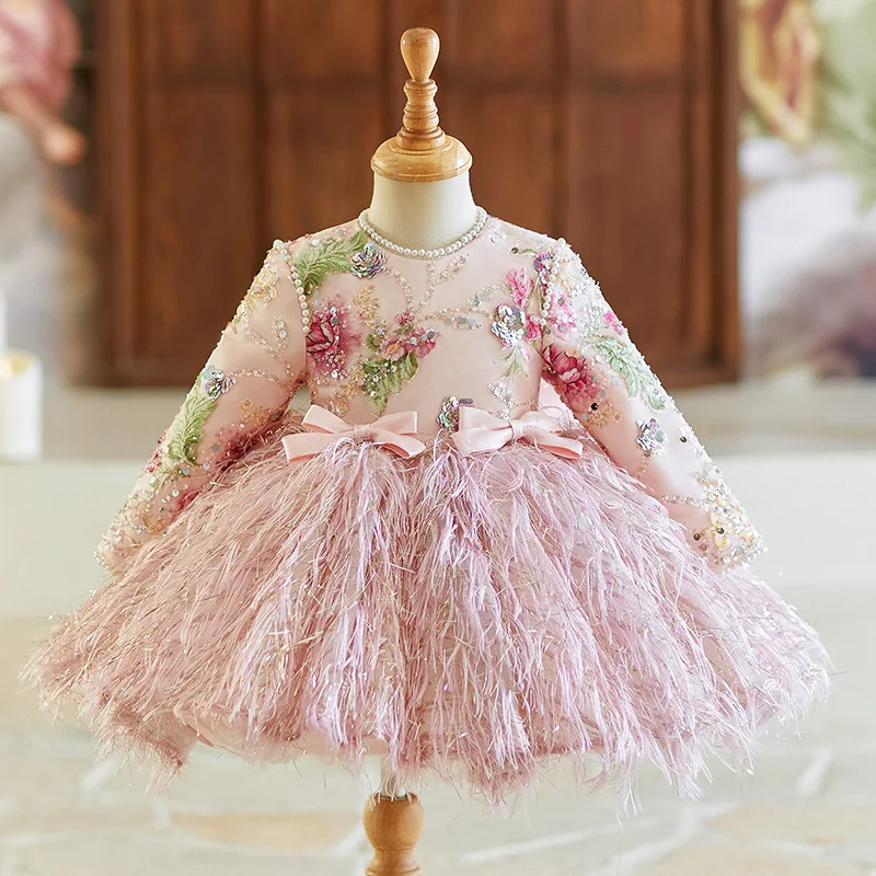 

Girls' New High-End Light Luxury Embroidered Sequin Bowknot Birthday Pink Piano Performance Party Princess Dress