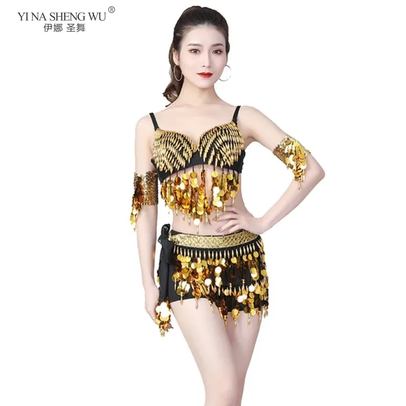 Conjunto de traje de actuación de danza del vientre para mujer, traje de fiesta para club nocturno, monedas, bufanda de cadera, sujetadores con cuentas y brazaletes, Ropa de baile para DJ