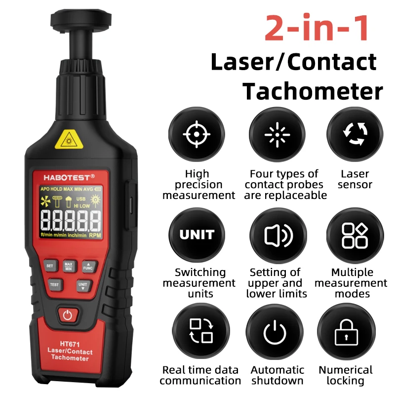 

HT671 2-in-1 Laser/Contact Tachometer High Precision Digital Laser Tachometer Max 99999RPM Speedometer Rechargeable Tachometer