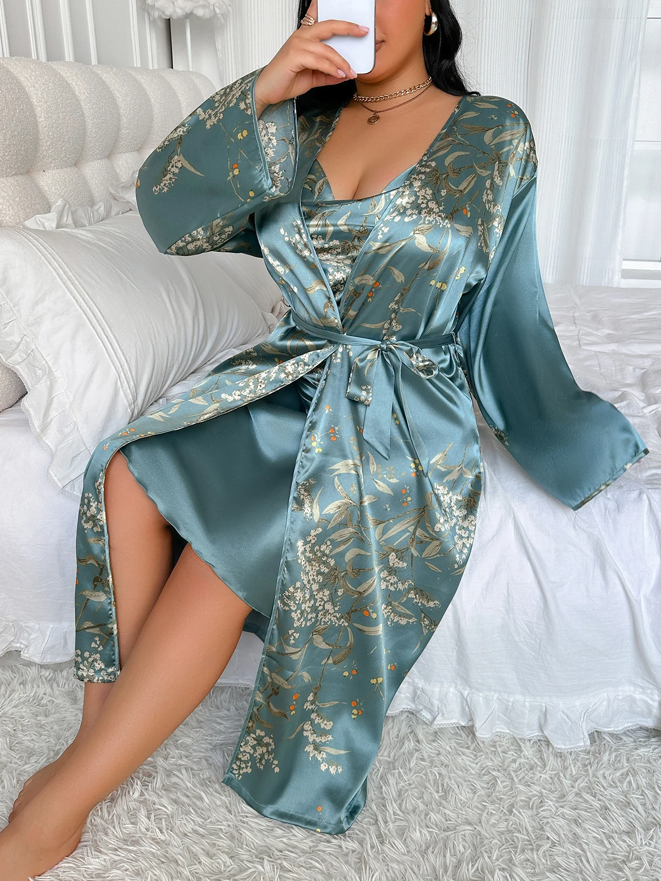Plus Size Cherry Floral Print Women Pajama Set Sexy Slip Nightgown with Robe Two Piece Loungewear for Women