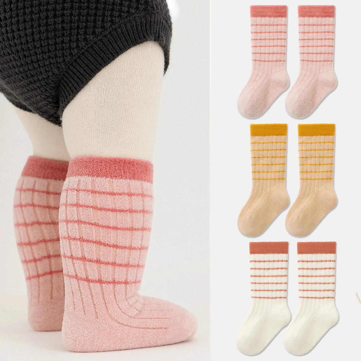3Pairs/Lot Baby Socks Winter Warm Floor Socks Kids Cotton Socks Toddler Thick Thermal Sock Newborn Striped Knee-high Socks 0-5Y
