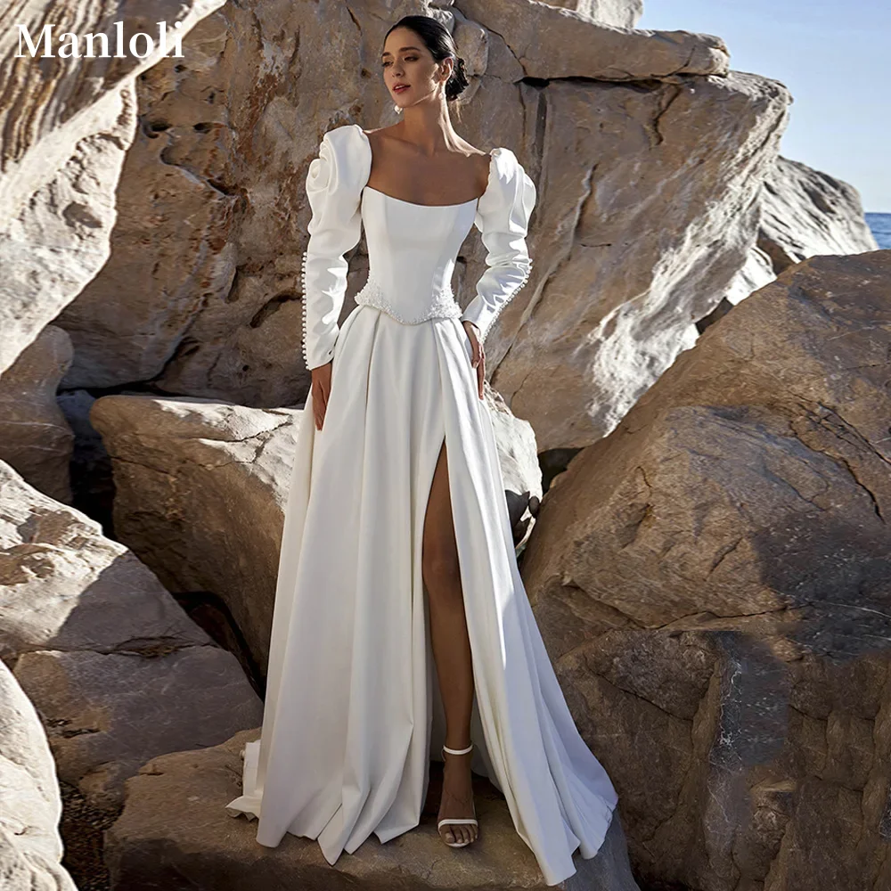 

Elegant Satin Two Piece Wedding Dress Customization Detachable Long Sleeve Round Neck Pearl Side Split A-line Bridal Dress Custo