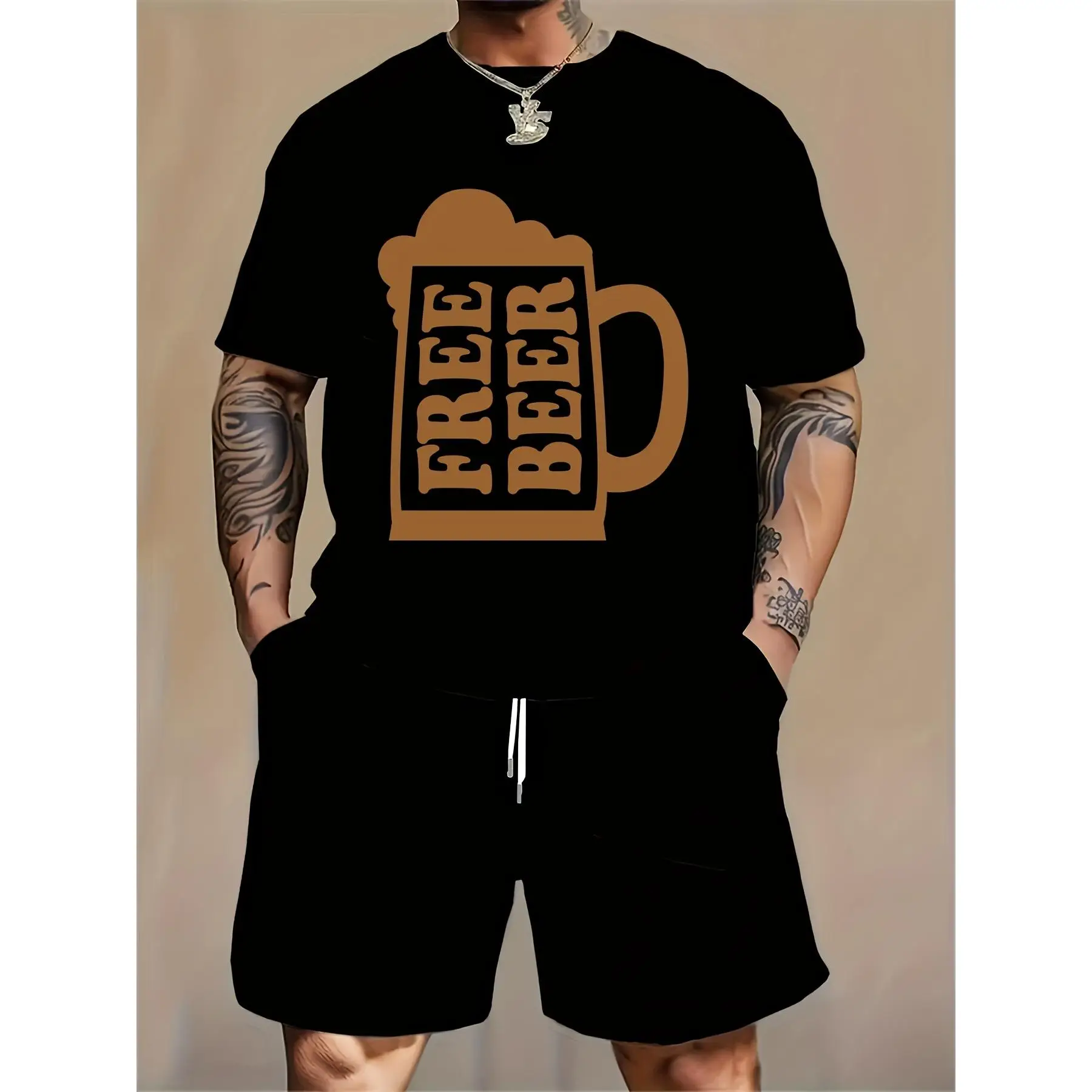 

Unisex Funny Beer T-shirt, Humorous "Free Beer" Graphic Tee, Beer Mug Casual Drinking Short Sleeve Top