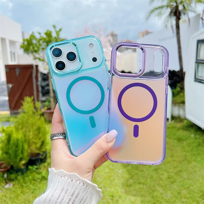 

Magsafe Wireless Charge Magnetic Case with Camera Lens Stand Holder Transparent Shockproof Cover for iPhone 17 16 15 14 16ProMax