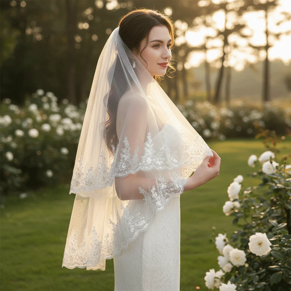 Luxury Bride Wedding Veils Lace Edge with Hair Comb Lace Beaded Veil Sequins Glitter Double Layers Bridal Veil Wedding Day