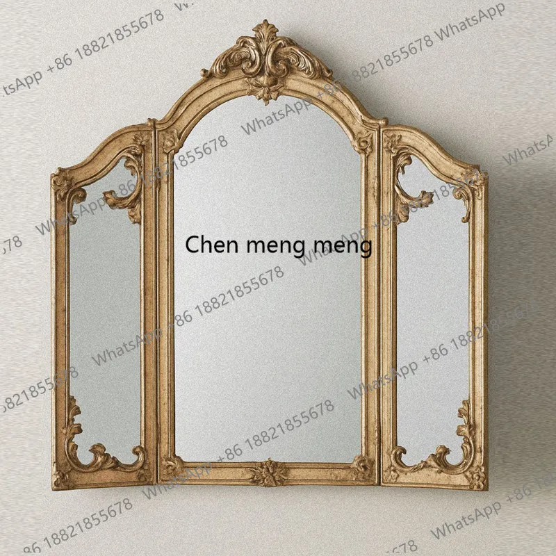 

Three-sided makeup mirror retro carved bathroom mirror French light luxury home girls bedroom dressing mirror