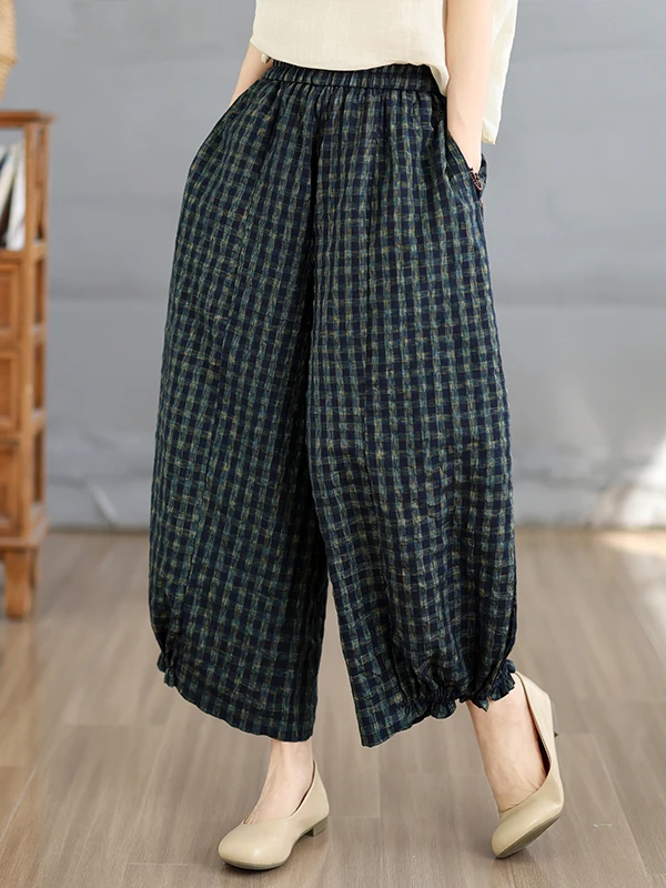 

Artistic Style Color Block Bubble Cotton Nine-Piece Plaid Pants Women's Summer New Soft Elastic Waist Lantern Pants Casual