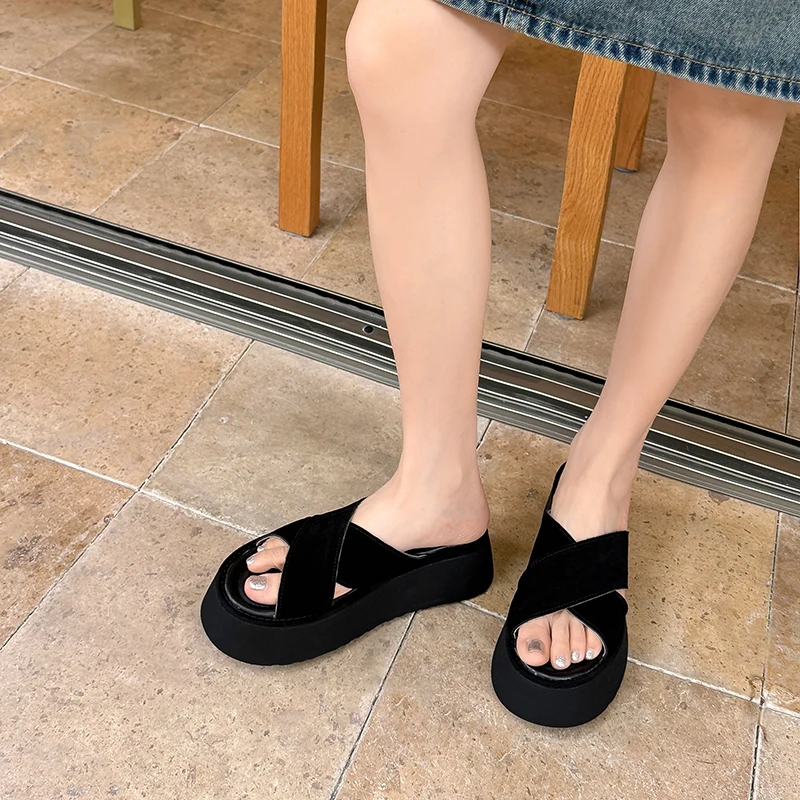 JOZHAMTA Size 33-40 Women Slides Sandals Suede Real Leather Platform High Heels Summer Shoes Casual Beach Slippers Daily Home