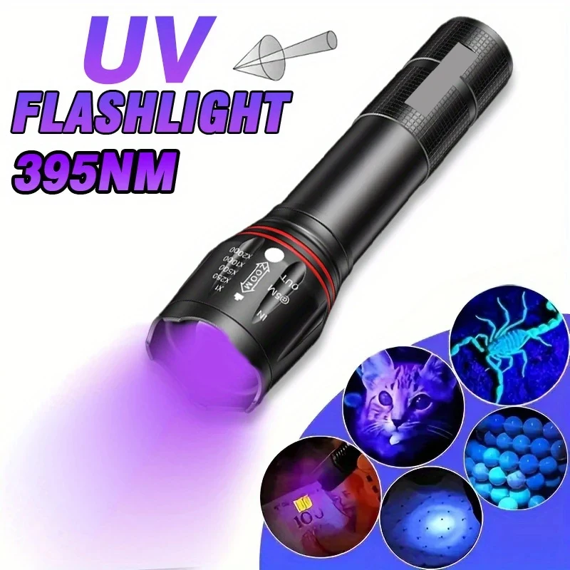 395nm UV Flashlight Zoomable Lamp USB Rechargeable Light for Ink Dryer Money Fluorescer Detector UV Oil Curing Purple Lantern