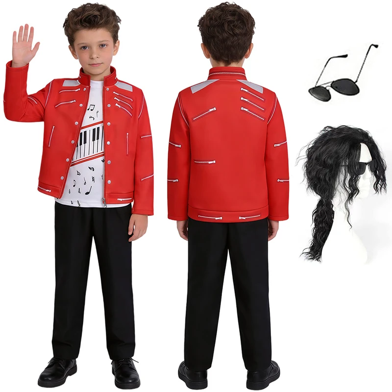 Kids Boys Girls 70s 80s Jazz Dance Costume Retro Singer Stage Outfit Red Zip Coat Red Trousers Complete Accessory Set